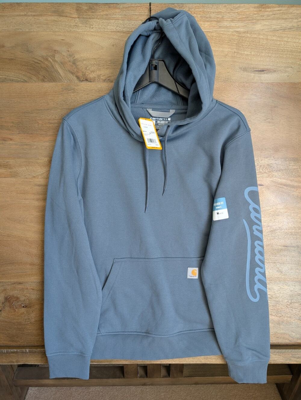 NWT Carhartt Hoodie Womens M Dusk Blue Sawyer Script Logo Relaxed Sweatshirt